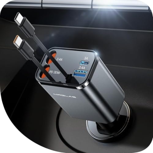 Retractable Car Charger for iPhone 17, 69W 4 in 1 USB C Car Charger Fast Charging with Type C Cable Cigarette Lighter Adapter for iPhone 17 16 Pro Max Samsung S25 iPad, Car Accessories for Men