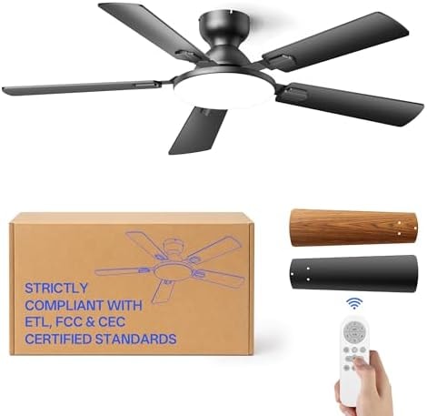 Homelist Ceiling Fans with Lights 52 Inch, Flush Mount Fan, Matte Black