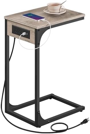 VASAGLE C-Shaped Side Table with Charging Station, 2 USB Ports and Outlets