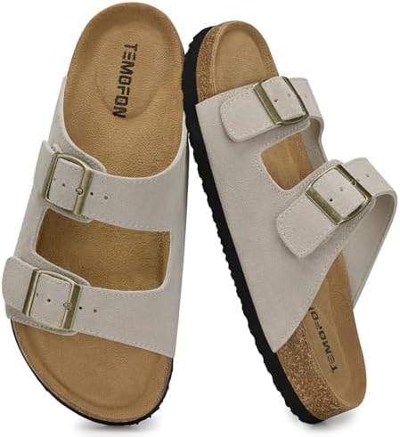 TEMOFON Women Cork Footbed Sandals Comfortable Leather Stone Slide Size 9