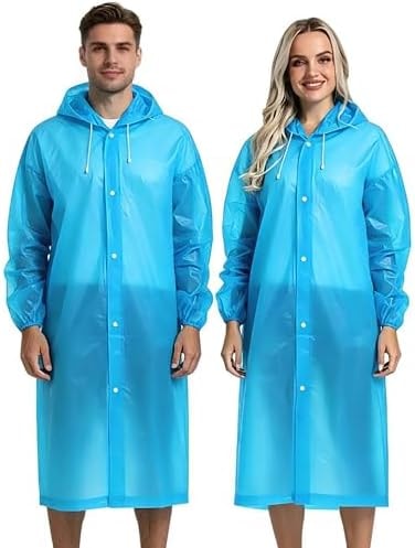 Borogo Rain Coats for Adults, 2 Pack Reusable EVA Rain Ponchos Emergency for Camping Hiking Travelling Blue