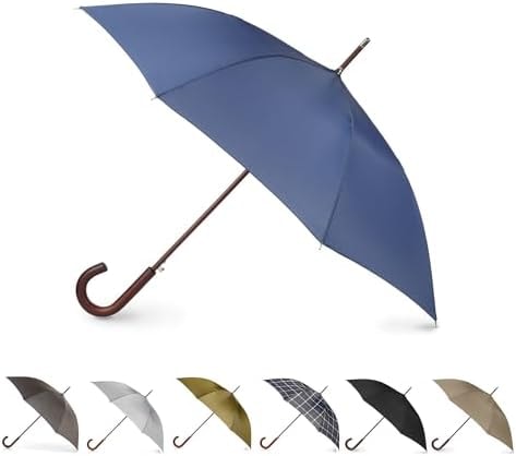 Totes Auto Open Water Repellent Stick Umbrella with Classic Wood J Hook Handle