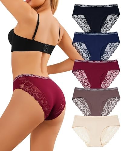 LEVAO Cotton Lace Underwear for Women Cheeky Bikini Soft Hipster Panties 5 Pack S-XXL