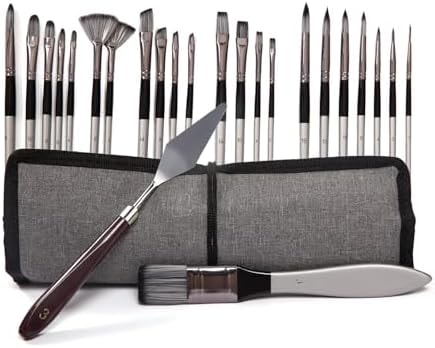 WEPSIXE Paint Brushes Set, 24 Pcs Artist Paint Brush Set with Nylon Bristles, Wooden Handles, Roll-Up Canvas Case and Palette Knife for Acrylic, Watercolor, Oil, Gouache, Canvas Painting, Silver Gray