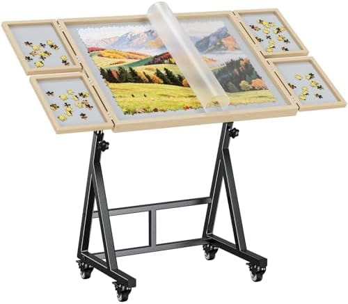 POKIPO 1500 Pieces Puzzle Table with Legs, 36.61"x28.74" Adjustable Puzzle Table, 4 Hanging Trays, Puzzle Board with Wheels and PVC Cover for Adults