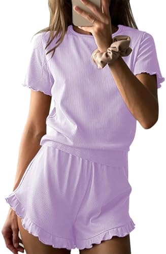 Ekouaer Ribbed Knit Lounge Sets Summer Short Sleeve Pajama Set Soft Pj Sets Ruffle Pjs Loungewear with Pockets Purple Small