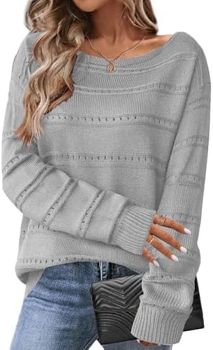 Zeagoo Womens Sweaters Cute Long Sleeve Off The Shoulder Pullover Tops Hollow Out Crochet Dressy Casual Outfits A-Gray