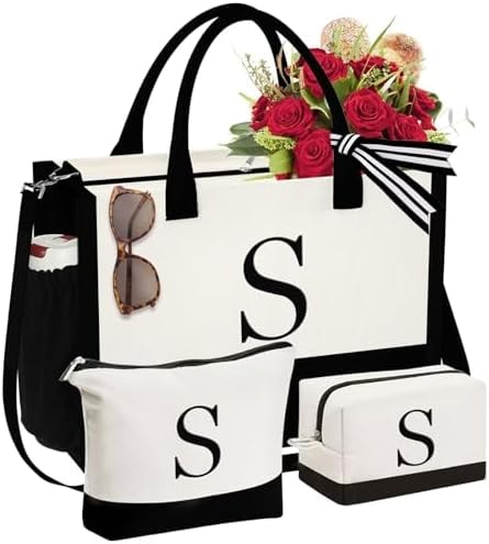 YOOLIFE Work Tote Bags for Women - Womens Canvas Tote Bag, Initial Tote Bag, Birthday Gifts for Women Mom Daughter Sister Friends Her Girlfriend, Letter S