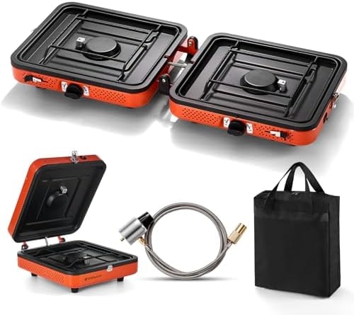 Odoland Portable 2 Burner Camping Stove Propane 17000 BTU/h Gas Stove Collapsible Backpacking Stove for Indoor Outdoor Cooking Hiking and Picnic