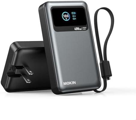 MOKiN 3-in-1 Power Bank,10000mAh 40W Portable Charger with Foldable Plug,Built-in USB-C Cable & LCD Display,Travel Essential Phone Fast Charging Battery Pack,for iPhone 17/16,Samsung etc
