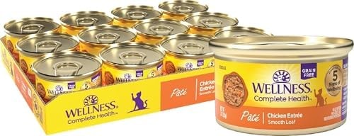Wellness Complete Health Pate Adult Canned Wet Cat Food, Natural, Protein Rich, Grain Free, Chicken Entrée Recipe, 3 oz, Pack of 24 Cans