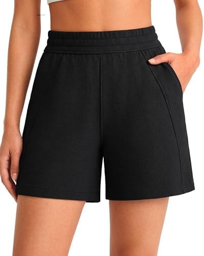 G4Free Shorts for Women Wide Leg Casual Sweat Shorts with Pockets Waffle Knit Soft Comfy Athletic Short Pants (Black,XL)