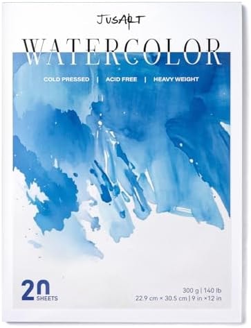 Jusart Watercolor Paper Pad 9"x12", 300gsm/140lb, Cold Press Water Color Paper, Acid-Free, for Wet & Dry Media, Watercolor, Gouache & Sketching, 20 Sheets, Perfect for Students and Artists
