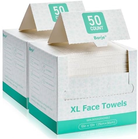 Borje Face Towels XXL, Disposable Face Towel 10" x 12", 100 Count (2 Packs of 50), 100% USDA Biobased Facial Towelettes, Ultra Soft & Hygienic Makeup Remover Dry Wipes for Women Cleansing