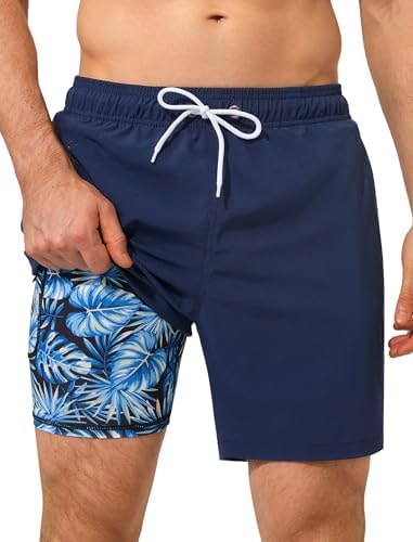 SILKWORLD Mens Swim Trunks Compression Lined, Navy Coconut Palm, L