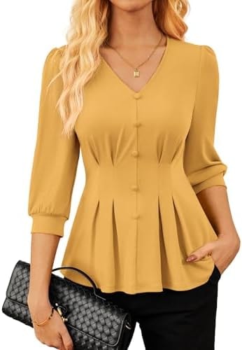GRACE KARIN Women Business Tops Dressy Casual Peplum Blouse Yellow S