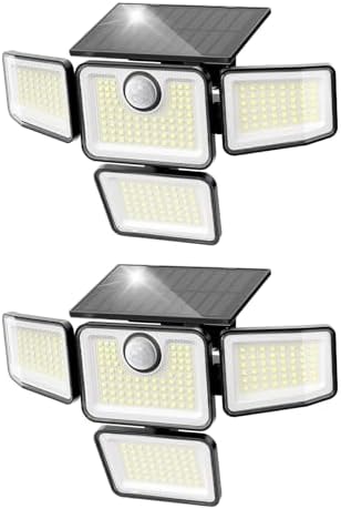omibee 3000LM Solar Lights Outdoor, 4 Adjustable Heads Motion Sensor Security Light, 3 Modes, 6500K, IP65 Waterproof Solar Wall Flood Lights for Garden, Outside, Backyard, 2 Pack