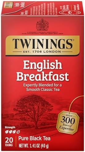 Twinings English Breakfast Black Tea Individually Wrapped Bags, 20 Count (Pack of 1), Flavourful, Robust, Caffeinated, Enjoy Hot or Iced, 20 Teabags