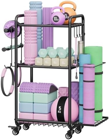Multi-Functional Home Gym Storage Rack with Wheels and Hooks (Black)