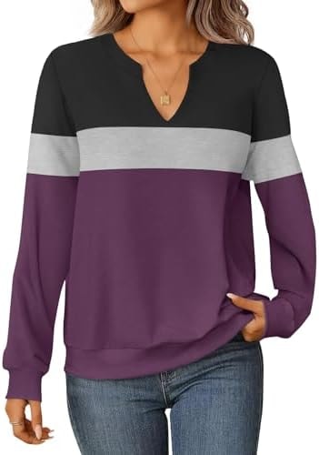 GKBK Womens Sweatshirts Long Sleeve Fall Tops Lightweight Color Block V Neck Cute Loose Casual Pullover