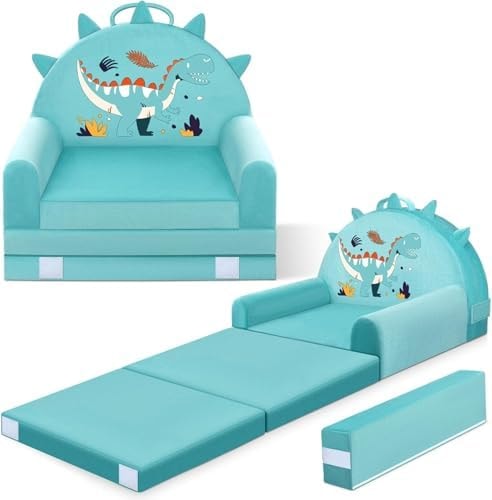 laapee Dinosaur Kids Couch Comfy Toddler Chair,2-in-1 Fold Mini Sofa