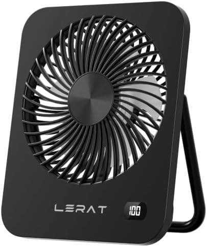 Lerat Portable Desk Fan, Small USB Rechargeable Fan with LED Display, 5-Speed Ultra-Quiet 180° Foldable Mini Fan for Summer Cruise Travel, Cooling Gifts for Women Girls Kids (Black)