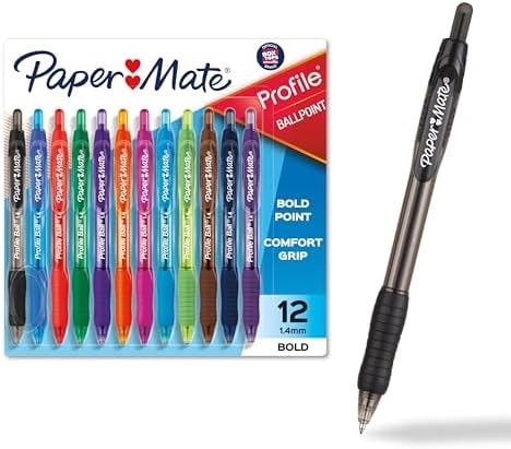 Paper Mate Profile Retractable Ballpoint Pens, Bold Point (1.4mm), Assorted Colors, 12 Count - Back to School, Office, Teacher Supplies