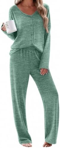 Ekouaer Womens Pajama Sets Button Up Long Sleeve Lounge Set Soft V Neck Pj