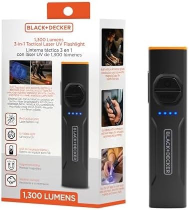 BLACK+DECKER 1300 Lumen Rechargeable EDC Tactical Flashlight, 3-in-1 LED Flashlight with 365nm UV Blacklight, Red Laser Pointer, USB-C Charging, Magnetic Base, IP54 Water Resistant