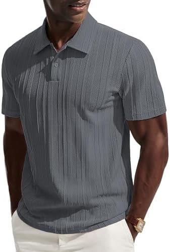 PJ PAUL JONES Mens Knit Polo Short Sleeve Collared Shirts Textured Polo Shirts Wrinkle-Free Ribbed Golf Shirts Grey Blue