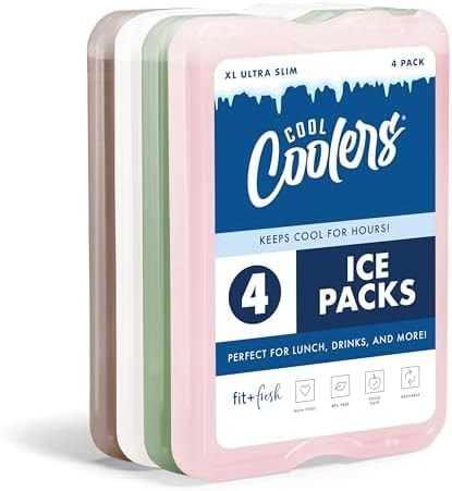 Cool Coolers by Fit & Fresh XL Slim Ice Packs, Quick Freeze Reusable Ice Packs for Lunch Boxes & Coolers, Long-Lasting, Space Saving Cooler Ice Packs, Multicolor, 4Pk