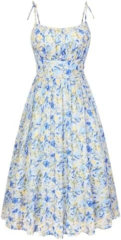 Belle Poque Floral Dress for Women Spaghetti Strap Midi Sundress Blue L