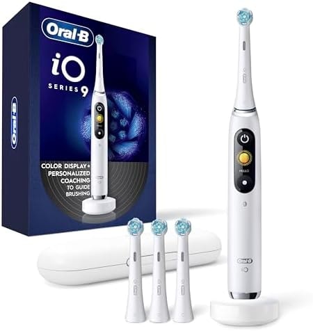 Oral-B Rechargeable Electric Toothbrush, iO9 Genius, 7 Cleaning Modes, Interactive Display, Charging Travel Case, Visible Pressure Sensor, 4 Brush Heads, White Alabaster