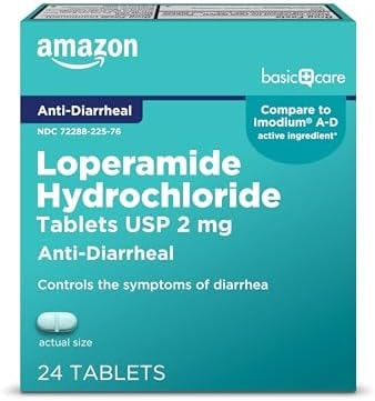 Amazon Basic Care Loperamide Hydrochloride Tablets, 2 mg, Anti-Diarrheal, 24 Count (Pack of 1)