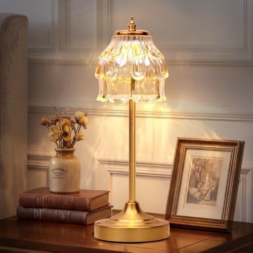 Rechargeable Cordless Table Lamp with Amber Glass, Gold Flower Table Lamp