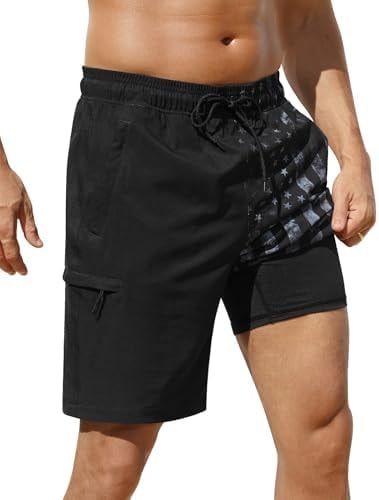 SILKWORLD Mens Swim Trunks with Compression Liner 9" Quick Dry Bathing Suits Summer Beach Swimming Shorts with Zip Cargo Pockets,Black&Grey American Flag,Large