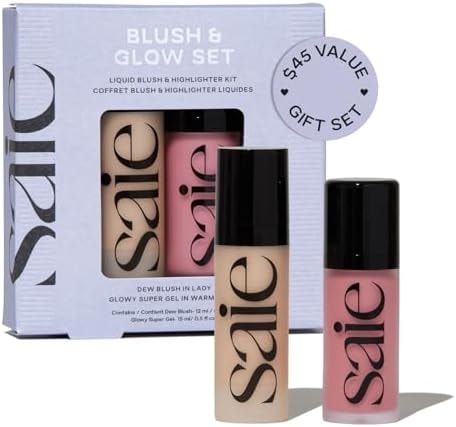 Saie Blush & Glow Gift Set - Dew Blush in Lady & Glowy Super Gel Liquid Highlighter & Makeup Primer in Warmglow - Skincare Infused Everyday Makeup Kit for a Flushed, Dewy Glow - Vegan (2 Count)