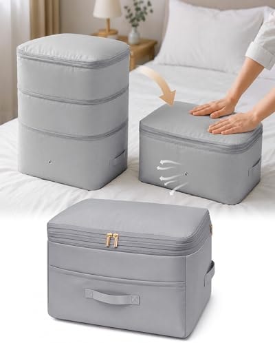 Ultra Space Saving Self Compression Organizers, Double Zipper Compression Packing Cubes for Bedding, Comforter Storage Bag for Blankets Duvet Quilts Pillows Queen King (Gray, X-Large)