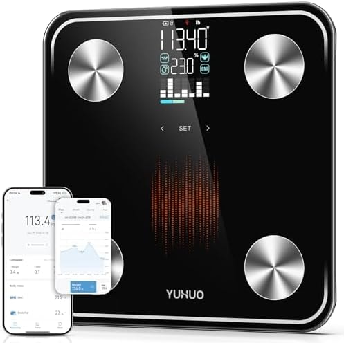 YUHUO Smart Scale for Body Weight and Body Fat, No-Phone Daily Check-Ins with Large LED Display, 4-Electrode Body Composition Scale, BMI Muscle Mass Body Water, 18 Metrics Sync App, 400lb