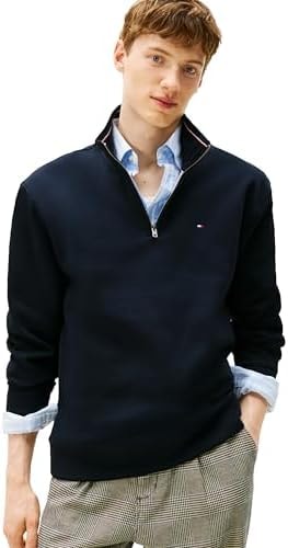 Tommy Hilfiger Mens Long Sleeve Fleece Quarter Zip Pullover Sweatshirt, Sky Captain Bill, Large US