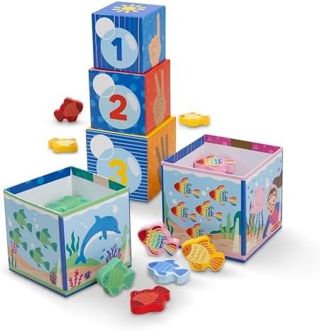 Melissa & Doug® Ms. Rachel™ Sort and Count Nesting and Stacking Blocks with Wooden Fish Preschool Learning Toy for Boys, Girls - FSC Certified