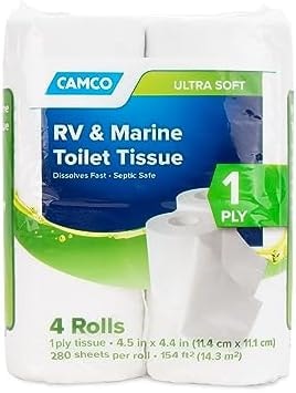 Camco 1-Ply RV Toilet Paper - 4 Rolls - Quick Dissolve & Septic Safe