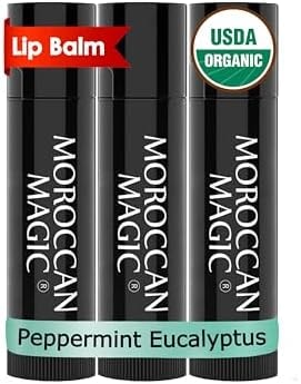 Moroccan Magic Peppermint Eucalyptus Organic Lip Balm, Moisturizing 3 Pack