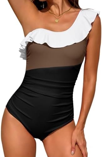 Wiepux Women One Piece Swimsuit Tummy Control One Shoulder Color Block