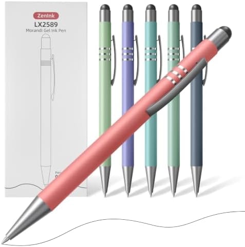 ZenInk Morandi Gel Pens, 6 Pack Black Ink Pens, Premium Aesthetic Retractable Pens with Stylus,0.5mm Fine Tips, Quick-Drying Ink for Smooth Writing, for Journaling, School, Office, Teachers, Gifts