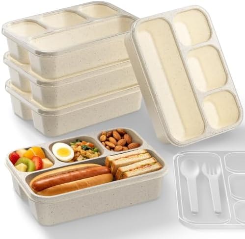 CYMGJHNSDE Bento Box 5-Pack, 4-Compartment Lunch Box for Women, Men & Kids, BPA-Free Wheat Straw Snack Containers, Ideal for Meal Prep, Travel, School, Work (White)