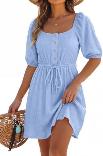 Dokotoo Sun Dresses for Women Casual Square Neck Sexy Dresses 2026 Fashion Texture Vacation Dress Short Sleeve Button Empire Waist Backless A Line Sky Blue Boho Dress XX-Large