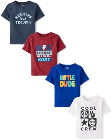 The Children's Place,Baby Boys,and Toddler Dinos,Animals,Cars Short Sleeve Graphic T-Shirts,4 Pack,Dude/Big Energy/Cool/Handsome,12 Months18 Months