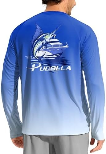 Pudolla Men's Sun Protection Long Sleeve Shirts UPF 50+ Fishing Swim Shirts Lightweight Quick Dry Rash Guard Hiking Shirts(Gradient Blue/Fish Medium)