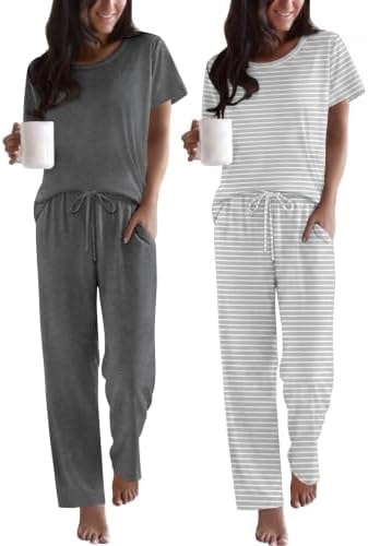 Ekouaer 2 Pack Womens Pajama Set Short Sleeve Top and Printed Pants Soft Pj
